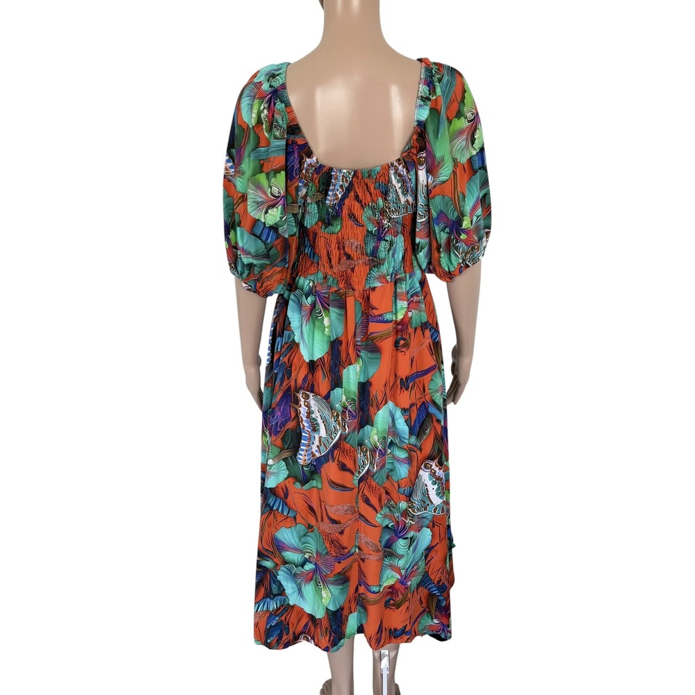 Vintage Boho Tropical Floral Butterfly Midi Dress M V-Neck Smock Made in Brazil - Picture 7 of 8